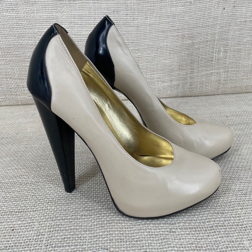 Cathy Jean‎ Brazil Beige Black Leather Colorblock Stiletto Pumps Heels 7M